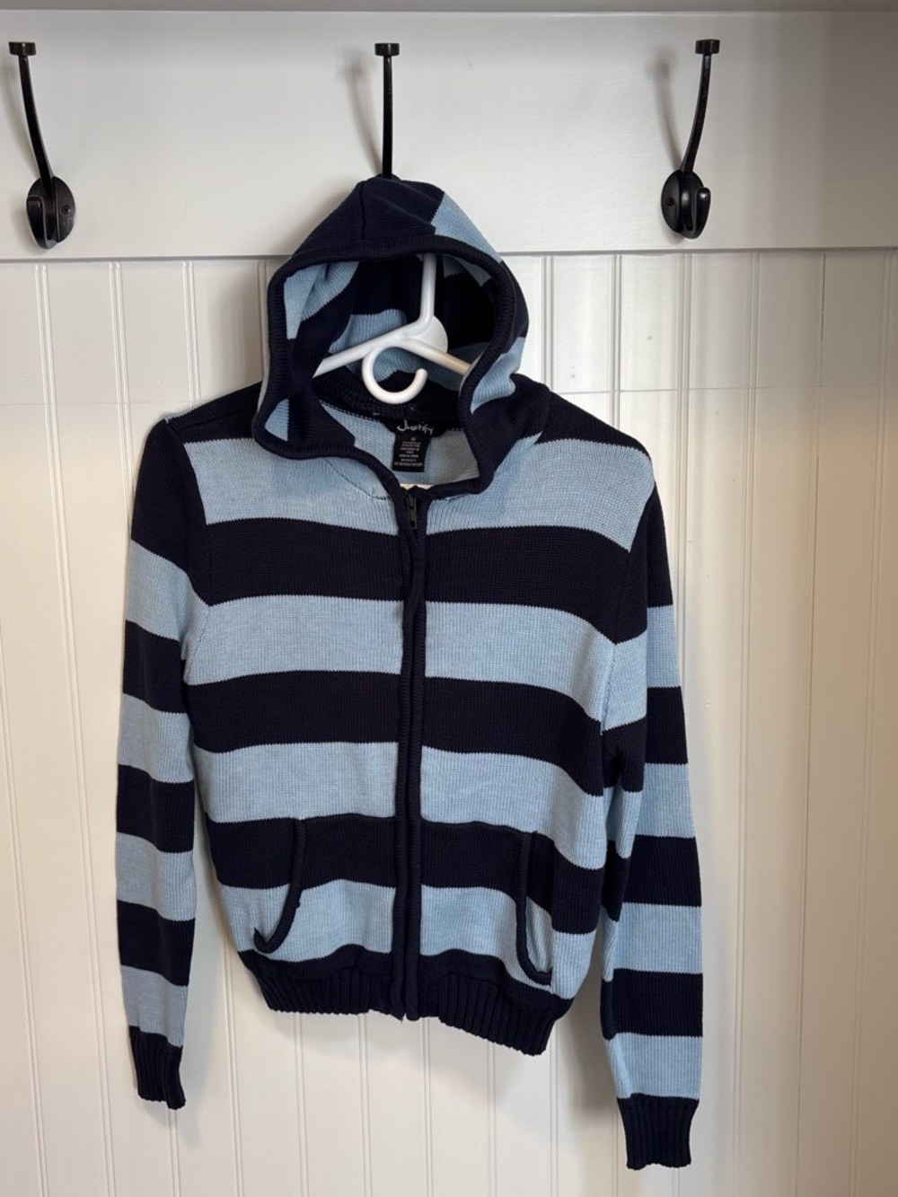 Justify Striped Hooded Zip Sweater - Light Blue & Navy